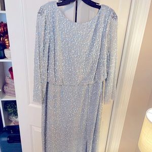 Beaded light blue/ silver gown with sheer sleeves, flattering gathered waist